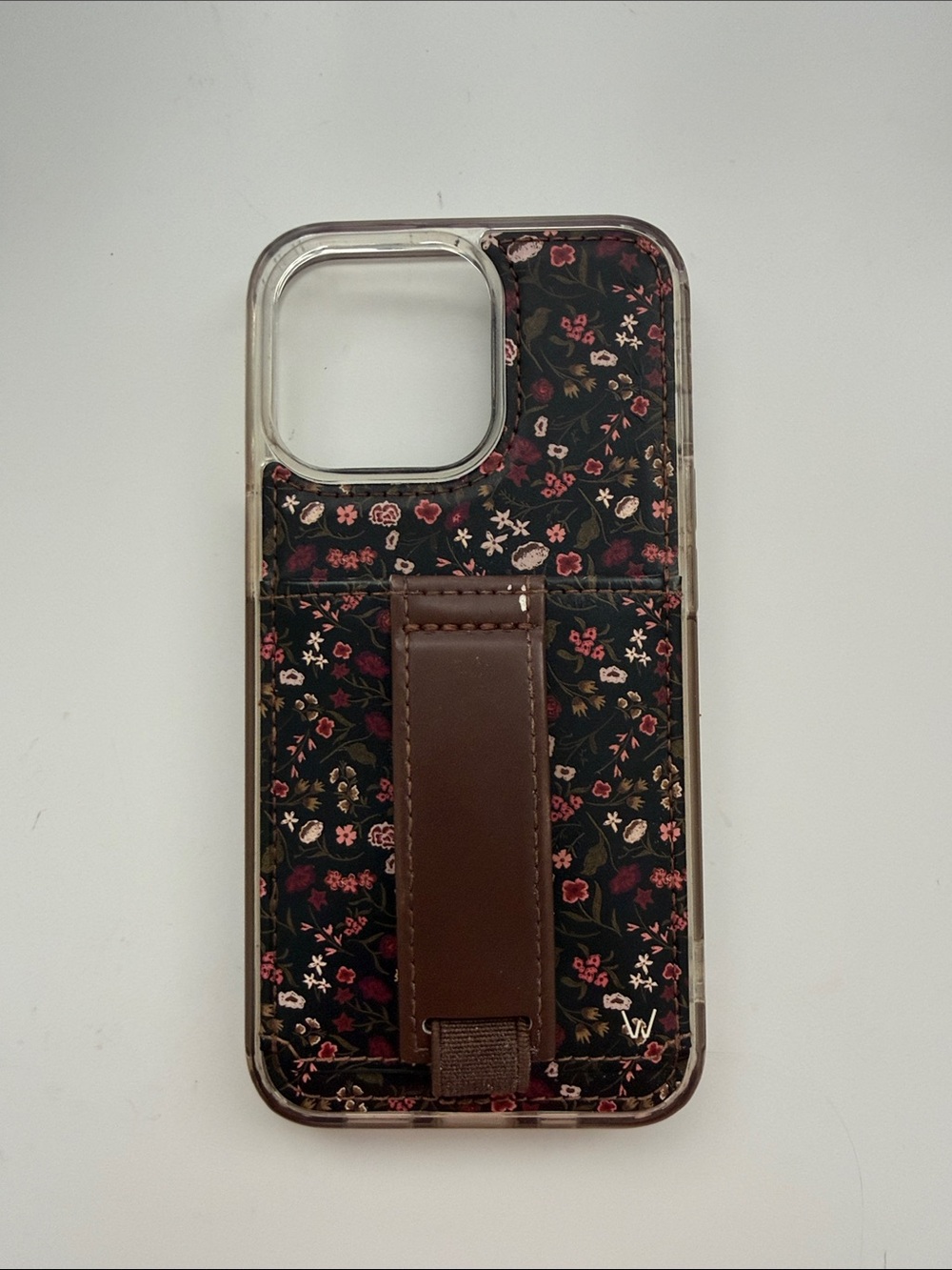 Floral Black Phone Case with Brown Strap
